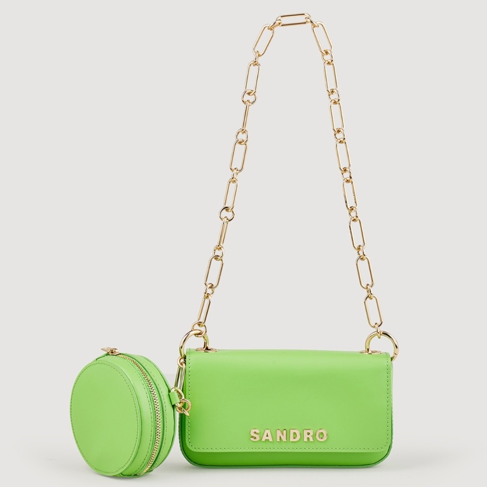 SANDRO Chain Strap Genuine Leather Bag with Pouch - Apple Green